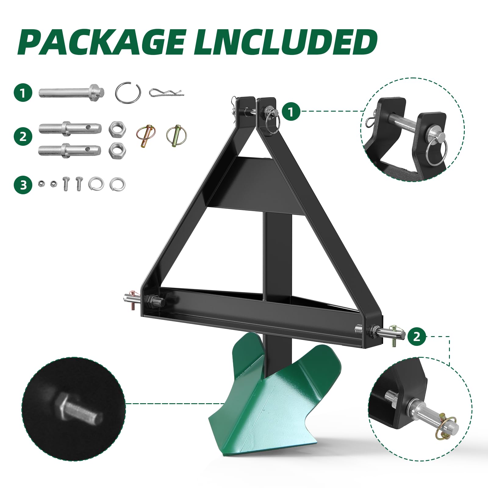 Garvee Heavy Duty Middle Buster Plow for 3-Point Hitch Tractors, Durable Steel Soil Tiller for Farming and Gardening Green
