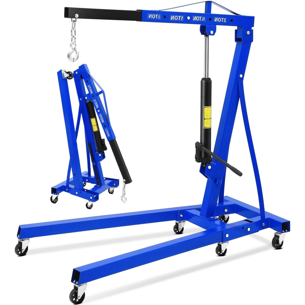 Garvee 2 Ton Folding Hydraulic Engine Hoist, 4400 lbs Shop Crane with Telescopic Boom, 6 Casters, Heavy-Duty for Garage and Workshop, Includes Gloves, Blue