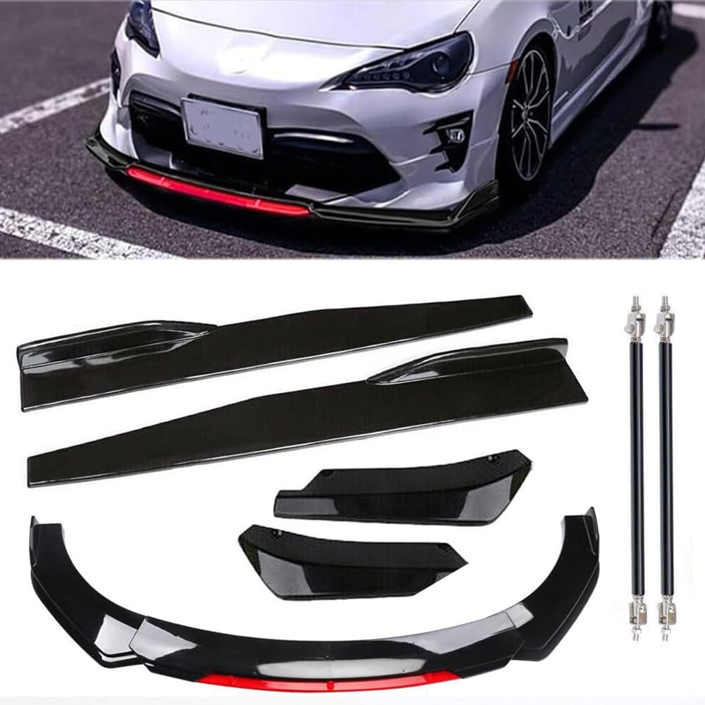 Garvee Front Bumper Lip Spoiler and Side Skirt Extensions - Fits 1.9M/6.2FT Wide Cars, Sturdy ABS Air Dam Front Bumper Lip Body Kit for Sedans, Automotive Vehicles, Glossy Black with Red Trim