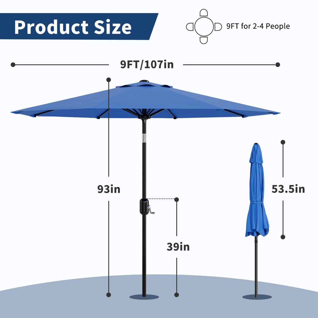 Garvee 9' Outdoor Patio Umbrella, Outdoor Table Umbrella, Market Umbrella with Push Button Tilt and Crank, 8 Sturdy Ribs UV Protection Waterproof for Garden, Deck, Backyard, Pool, Azure Blue