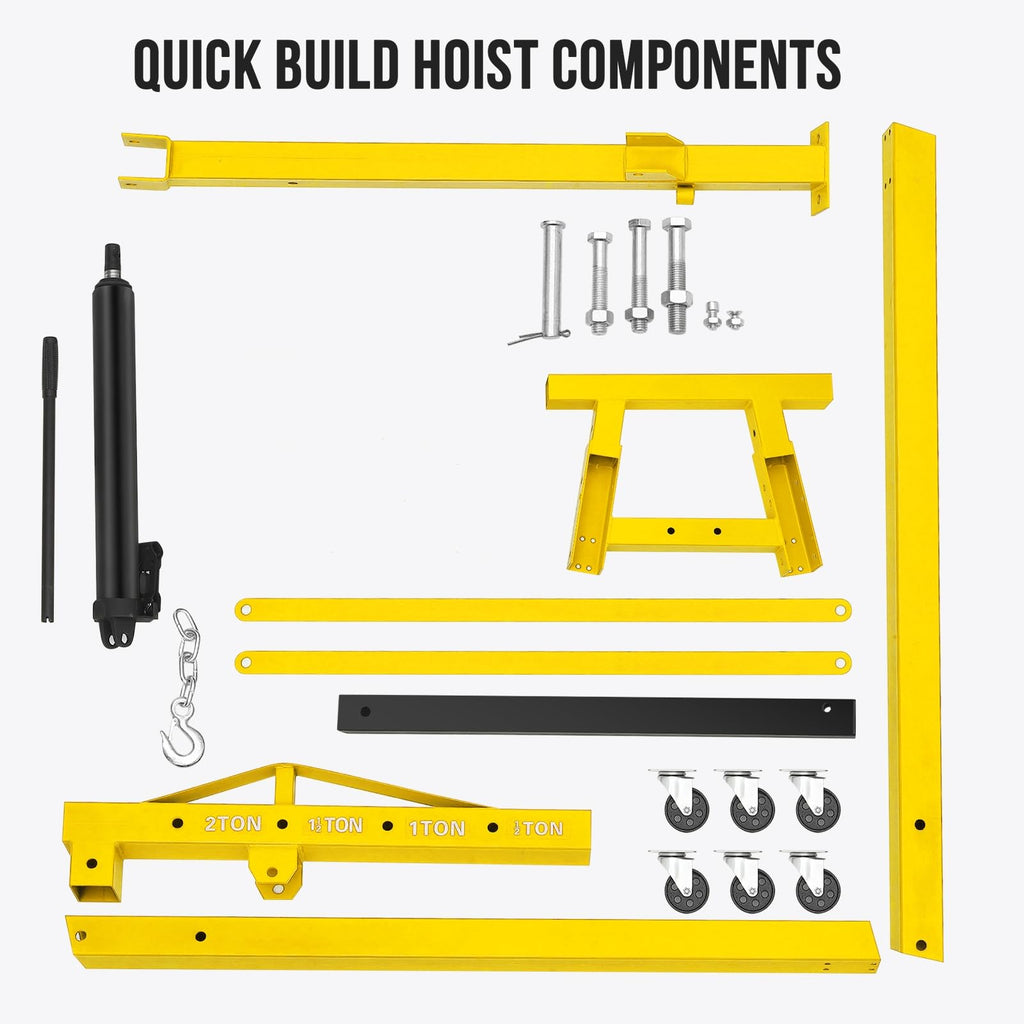 Garvee Engine Hoist, 2 Ton Hydraulic Crane, 4400LB Capacity, Collapsible Frame, 360° Swivel Casters, Adjustable Boom, for Garage Repair, Yellow