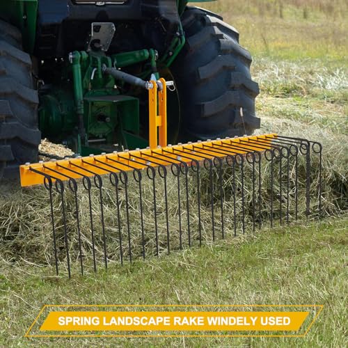 Garvee 60 Inch Pine Straw Needle Rake,26 Coil Spring Tines Pine Needles Rakes, Durable Powder Coated Steel Landscape Rake Attaches to Cat 0 Cat 1, 3 Point Hitch Receiver Attachment - Black+Yellow