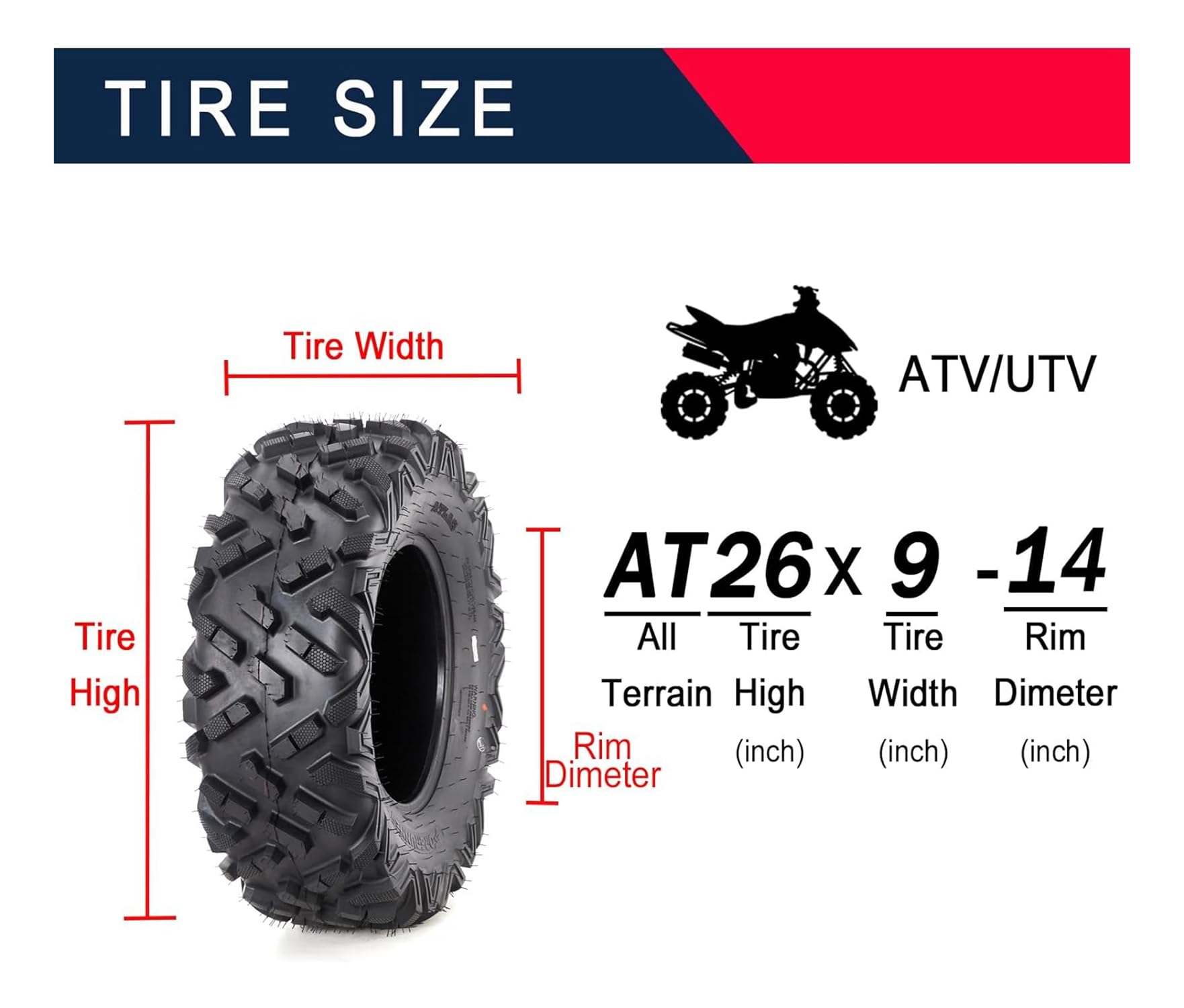 Garvee Set Of 4 ATV Tires 26x9-14 Front & 26x11-14 Rear All-Terrain Off-Road Mud Trail Tires 6 PR Tubeless