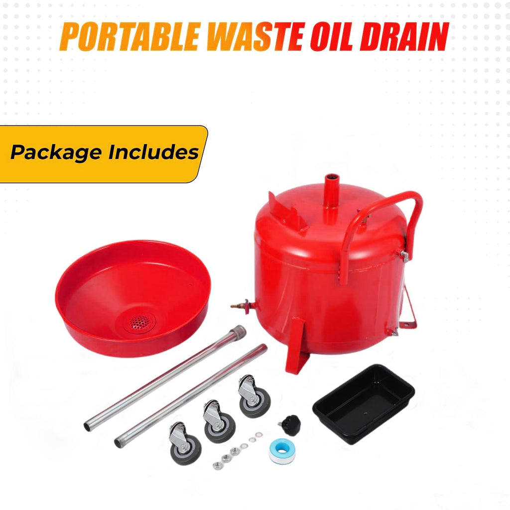 Garvee 8 Gal Portable Waste Oil Drain Change Tank, 15 in Funnel, Adjustable Height 28"-62", 360° Wheels with a Pair of Gloves, Built-in Toolbox for Auto Repair, Red