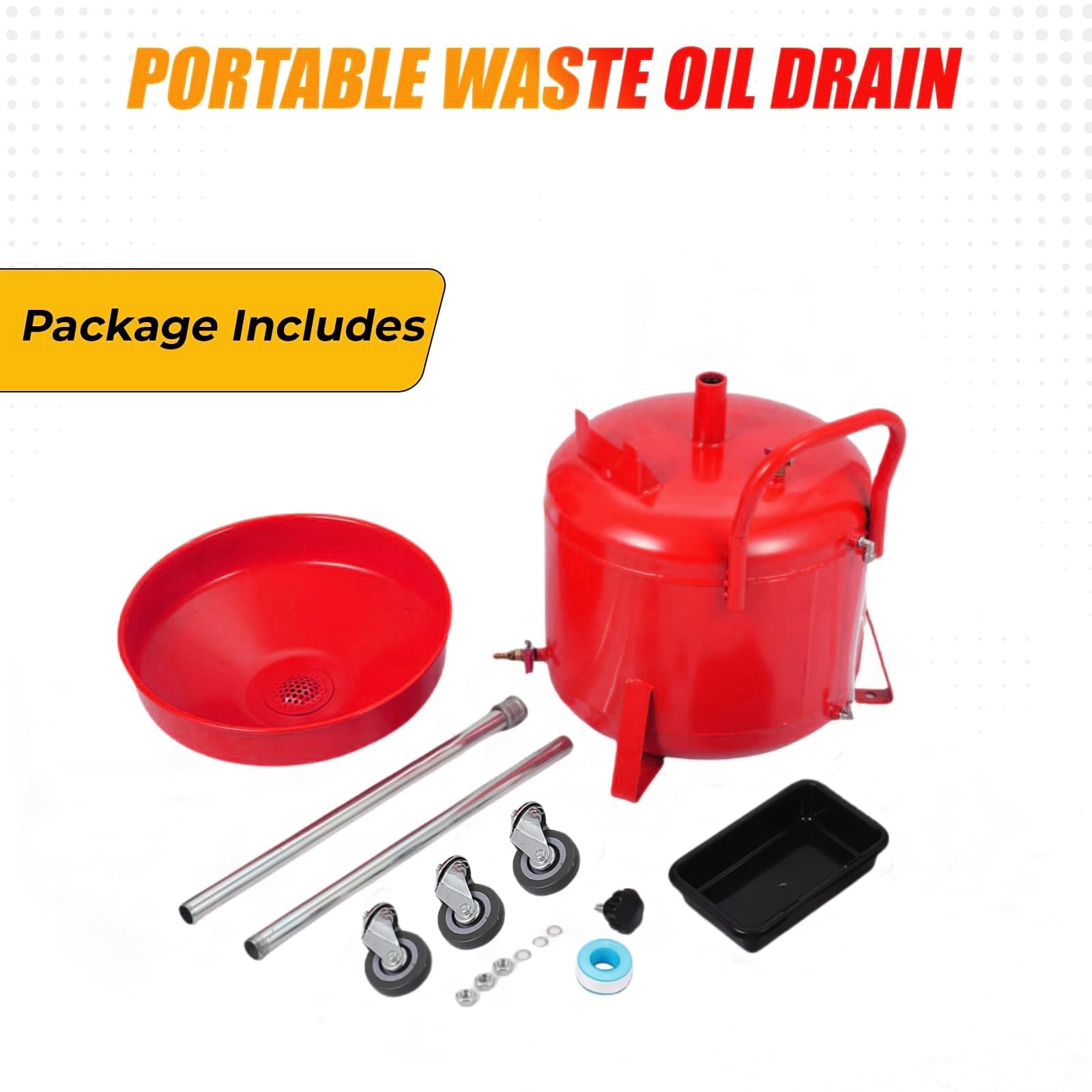 Garvee 8 Gal Portable Waste Oil Drain Change Tank, 15 in Funnel, Adjustable Height 28"-62", 360° Wheels with a Pair of Gloves, Built-in Toolbox for Auto Repair, Red