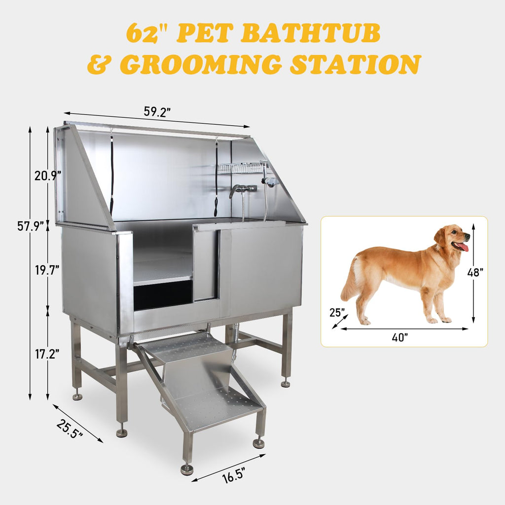 Garvee 62" Dog Grooming Tub, Pet Wash Station, Professional Stainless Steel Pet Grooming Tub with Ramp, Faucet, Sprayer, and Drain Kit