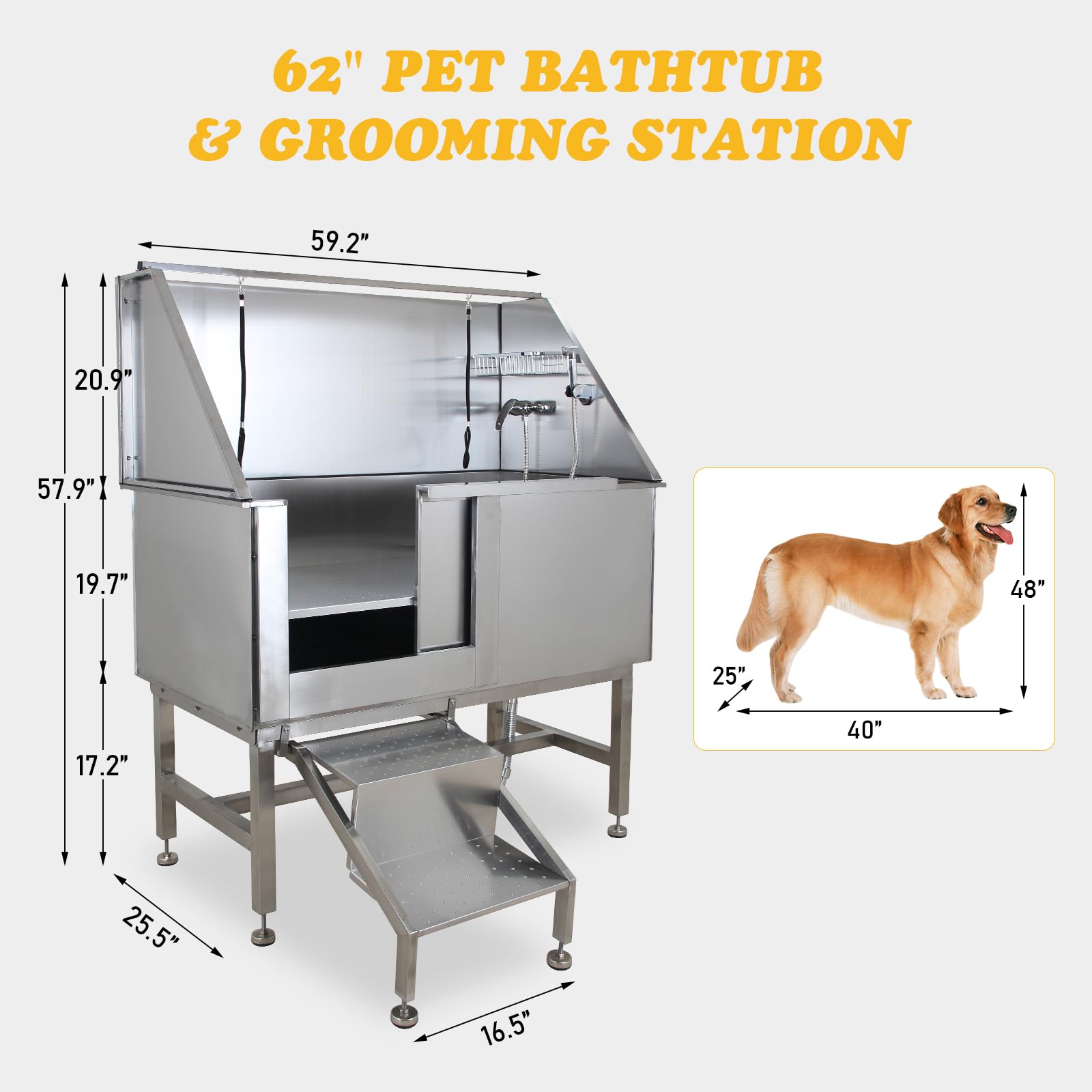 Garvee 62" Dog Grooming Tub, Pet Wash Station, Professional Stainless Steel Pet Grooming Tub with Ramp, Faucet, Sprayer, and Drain Kit