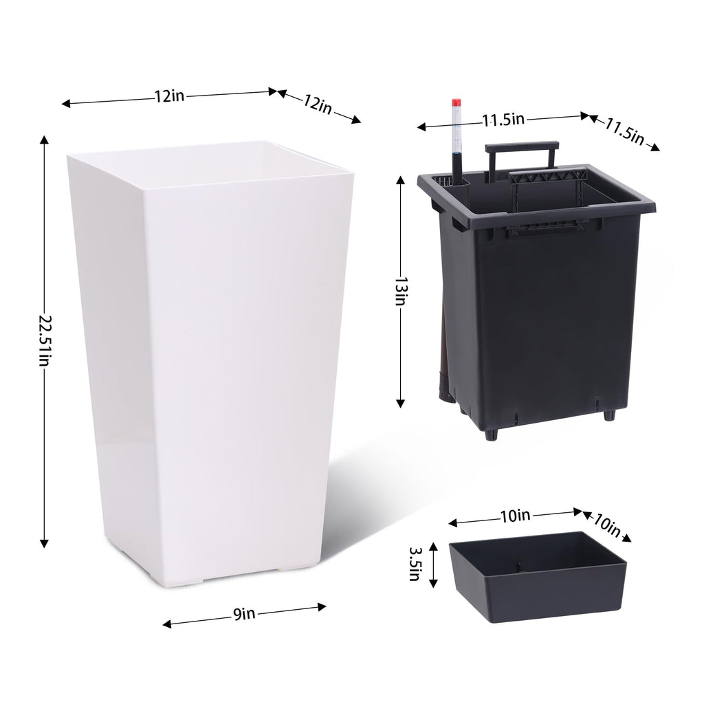 Garvee 23" Tall Planters Set of 2 - Modern Indoor/Outdoor Plant Pots with Drainage Holes, Water Level Monitor, Inner Bucket & Automatic Watering, White