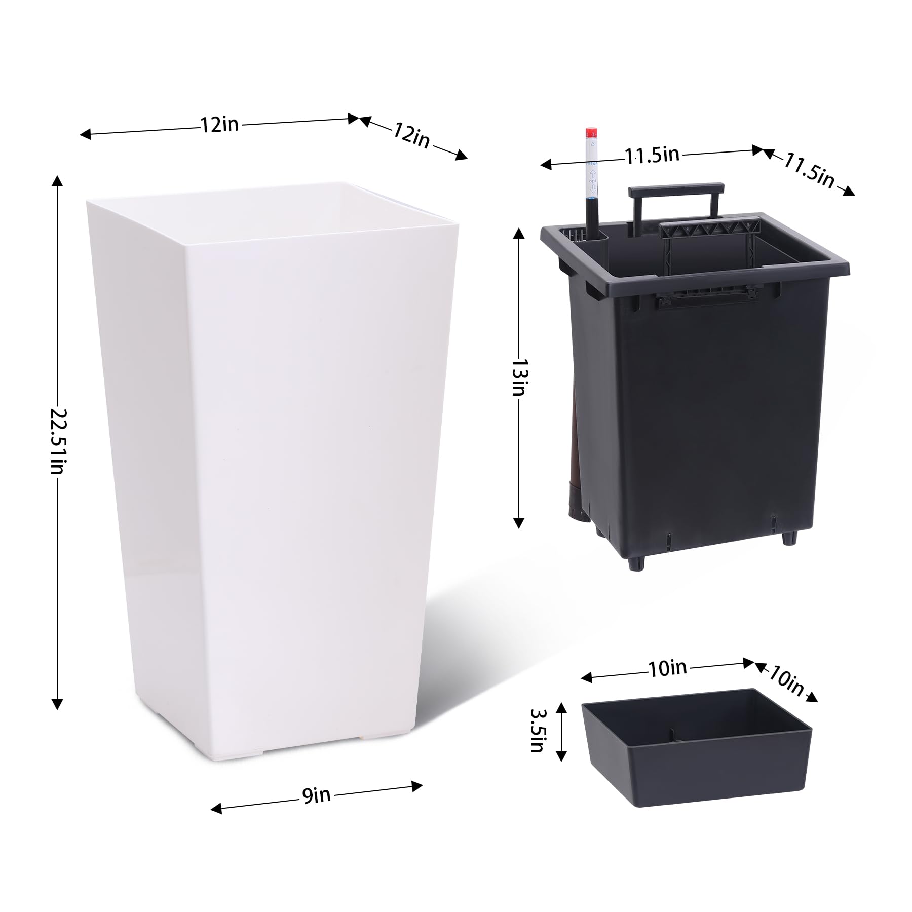 Garvee 23" Tall Planters Set of 2 - Modern Indoor/Outdoor Plant Pots with Drainage Holes, Water Level Monitor, Inner Bucket & Automatic Watering, White