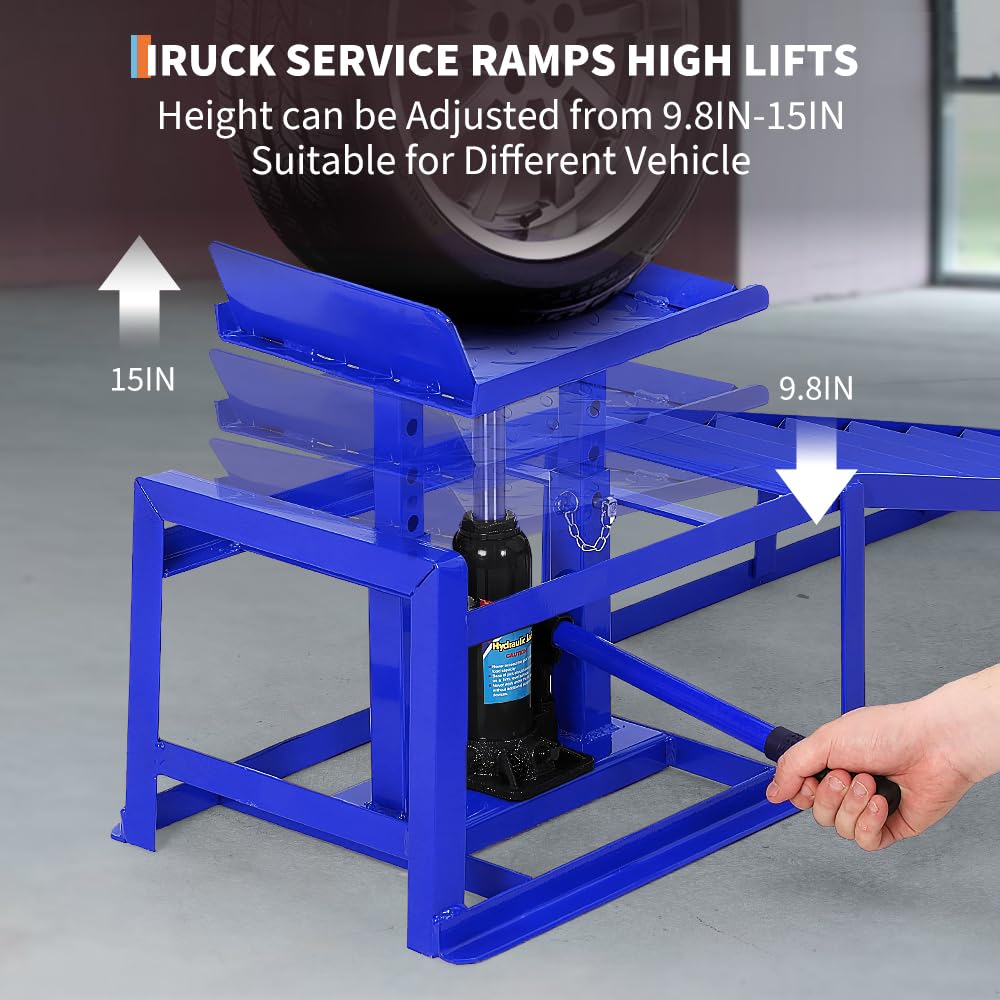Garvee 2Pcs 5 Ton Hydraulic Car and Truck Service Ramps - 11023 lbs Capacity, Portable Lifts for Oil Changes with Adjustable Height from 9.8" to 15", Ideal for Home Garage and Vehicle Repairs, Blue