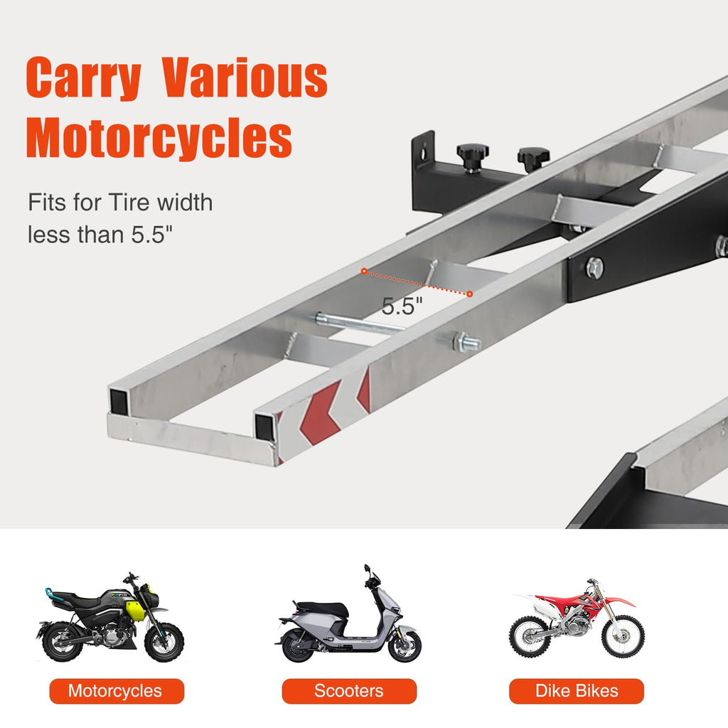 Garvee Double Motorcycle Carrier, 600 Lbs Aluminum Motorcycle Hitch Carrier with 59 Inch Long Detachable Load Ramp, Heavy Duty Hitch-Mounted Dirt Bike Rack with Tie-Down Strap for Car, Truck