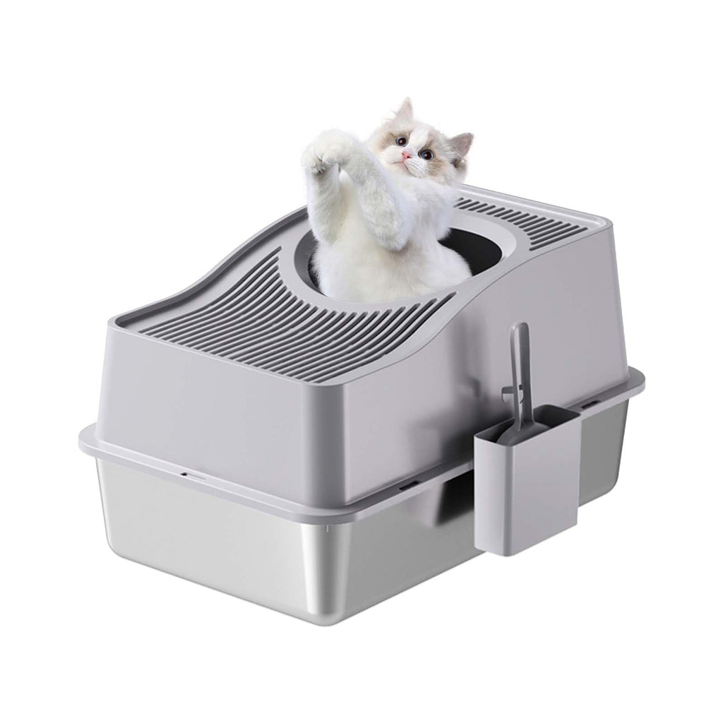 Garvee Stainless Steel Cat Litter Box with Hollow Lid and Heightened Lid Anti-Splashing, Top-Entry Deodorizing Large Cat Toilet, Grey, 60x40x39.5cm, Basin 20cm High