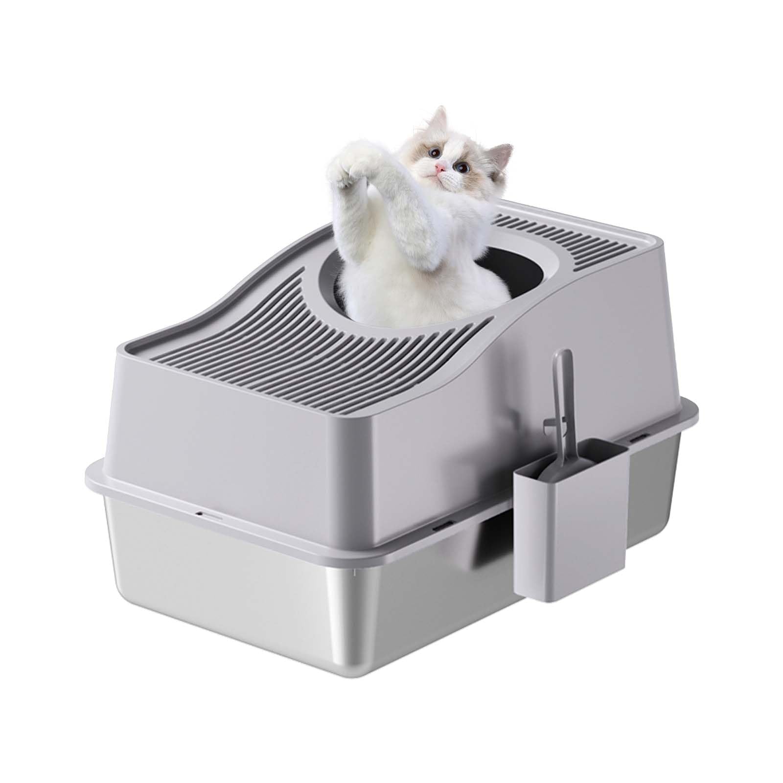 Garvee Stainless Steel Cat Litter Box with Hollow Lid and Heightened Lid Anti-Splashing, Top-Entry Deodorizing Large Cat Toilet, Grey, 60x40x39.5cm, Basin 20cm High