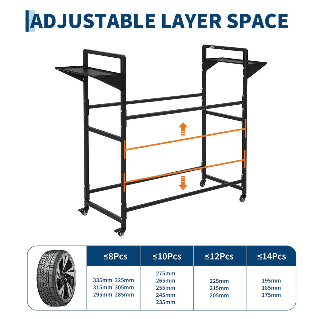 Garvee Tire Storage Rack Adjustable Rolling with Anti-Dust Cover for Garage Organization 57" x 18" x 55", Black