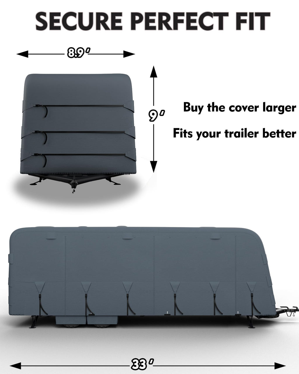 Garvee Travel Trailer Rv Cover, Windproof Camper Cover with Extra-Thick 6 Layers Anti-Uv Top Panel, Breathable, Water-Proof, Rip-Stop with 2Pcs Extra Straps & 4 Tire Covers, Fits 30'-33' Motorhome