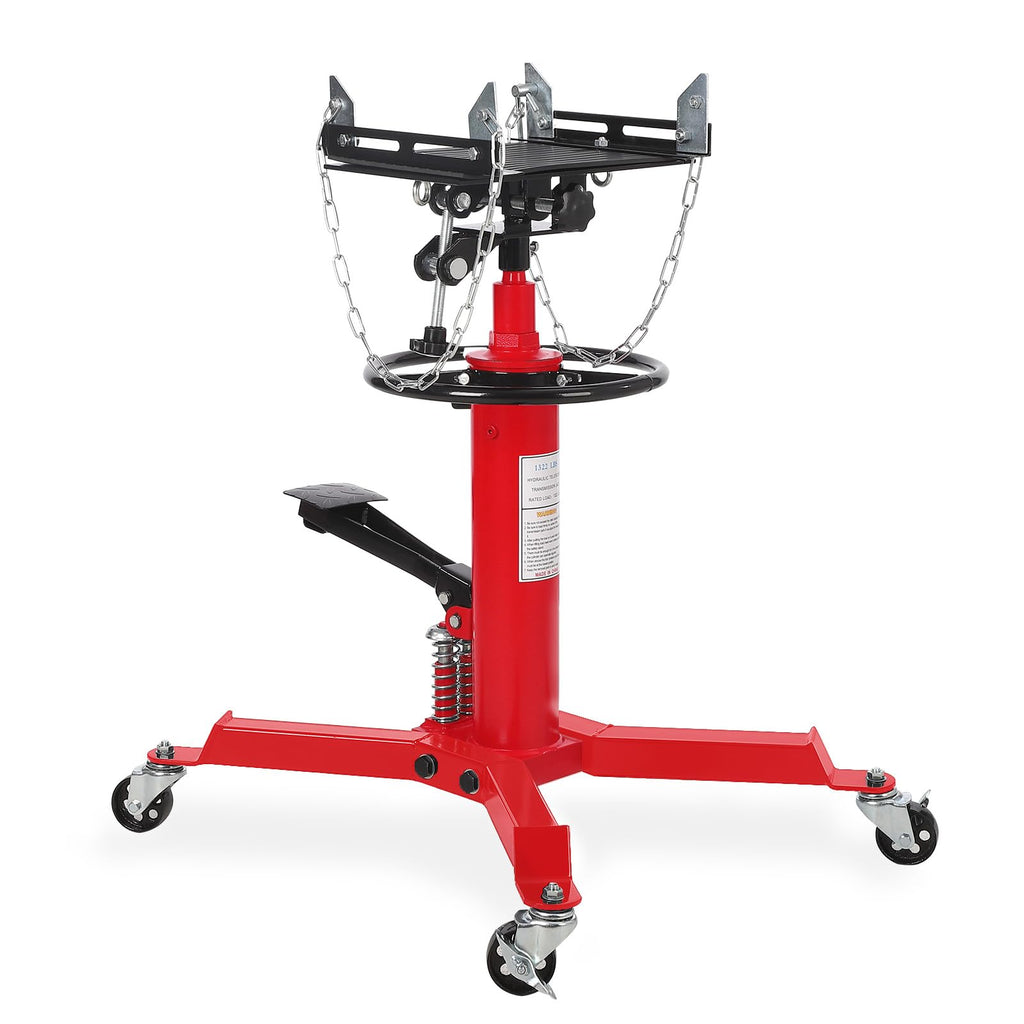 Garvee Dual Plunger Hydraulic Transmission Jack 1322lbs Capacity Red, 33.5"-69" Adjustable Lift, 2-Stage Telescoping, Non-Slip Pad, Foot Pedal & Swivel Wheel