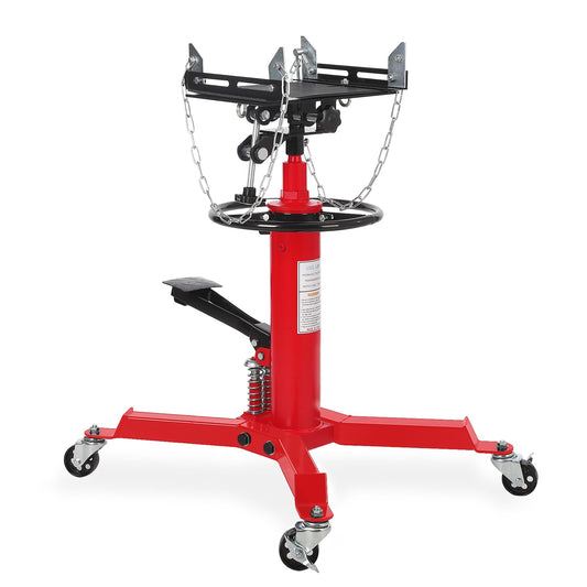 Garvee Dual Plunger Hydraulic Transmission Jack 1322lbs Capacity Red, 33.5"-69" Adjustable Lift, 2-Stage Telescoping, Non-Slip Pad, Foot Pedal & Swivel Wheel