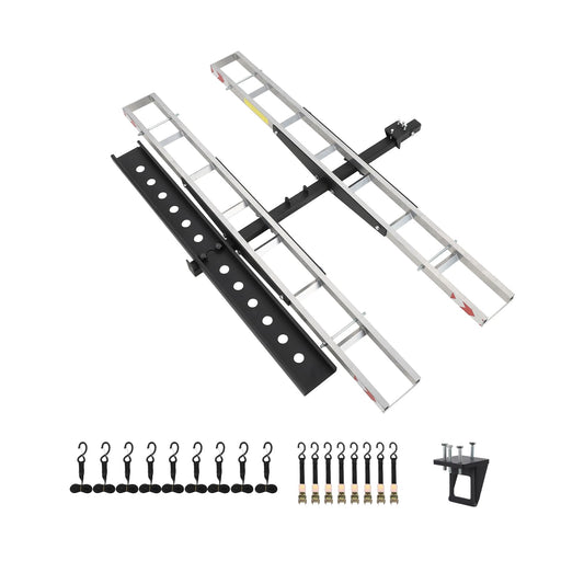 Garvee Double Motorcycle Carrier, 600 Lbs Aluminum Motorcycle Hitch Carrier with 59 Inch Long Detachable Load Ramp, Heavy Duty Hitch-Mounted Dirt Bike Rack with Tie-Down Strap for Car, Truck