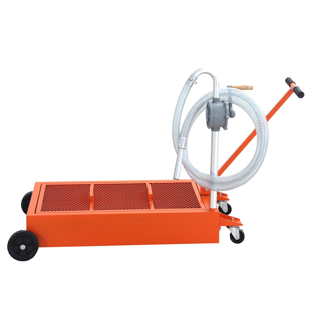Garvee 20 Gallon Hand Pum Low Profile Portable Oil Drain Pan,with T-Handle,for Car,Suvs with Hose,Casters - Orange