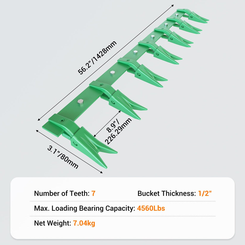 Garvee Bucket Tooth Bar for Sub-Compact Tractor，57" Heavy Duty Tractor Bucket Teeth Fits Bucket Cutting Edges Sized 1/2" or Less with Effortless Installation，Green