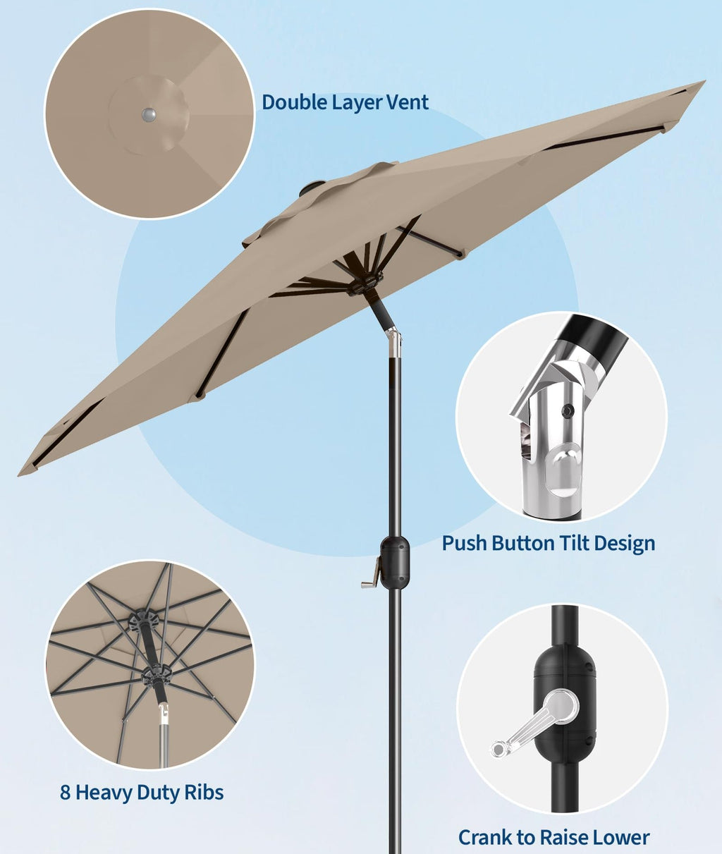 Garvee 9 ft Outdoor Patio Umbrella with 8 Sturdy Ribs, Crank Lift, Push-Button Tilt & UV-Resistant Waterproof Canopy for Pool, Deck, Yard & Garden, Tan