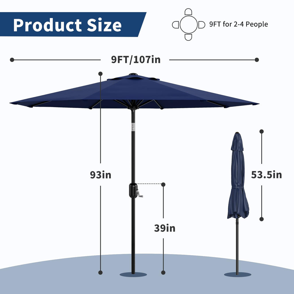 Garvee 9 ft Outdoor Patio Umbrella with 8 Sturdy Ribs, Crank Lift, Push-Button Tilt & UV-Resistant Waterproof Canopy for Pool, Deck, Yard & Garden, Navy Blue