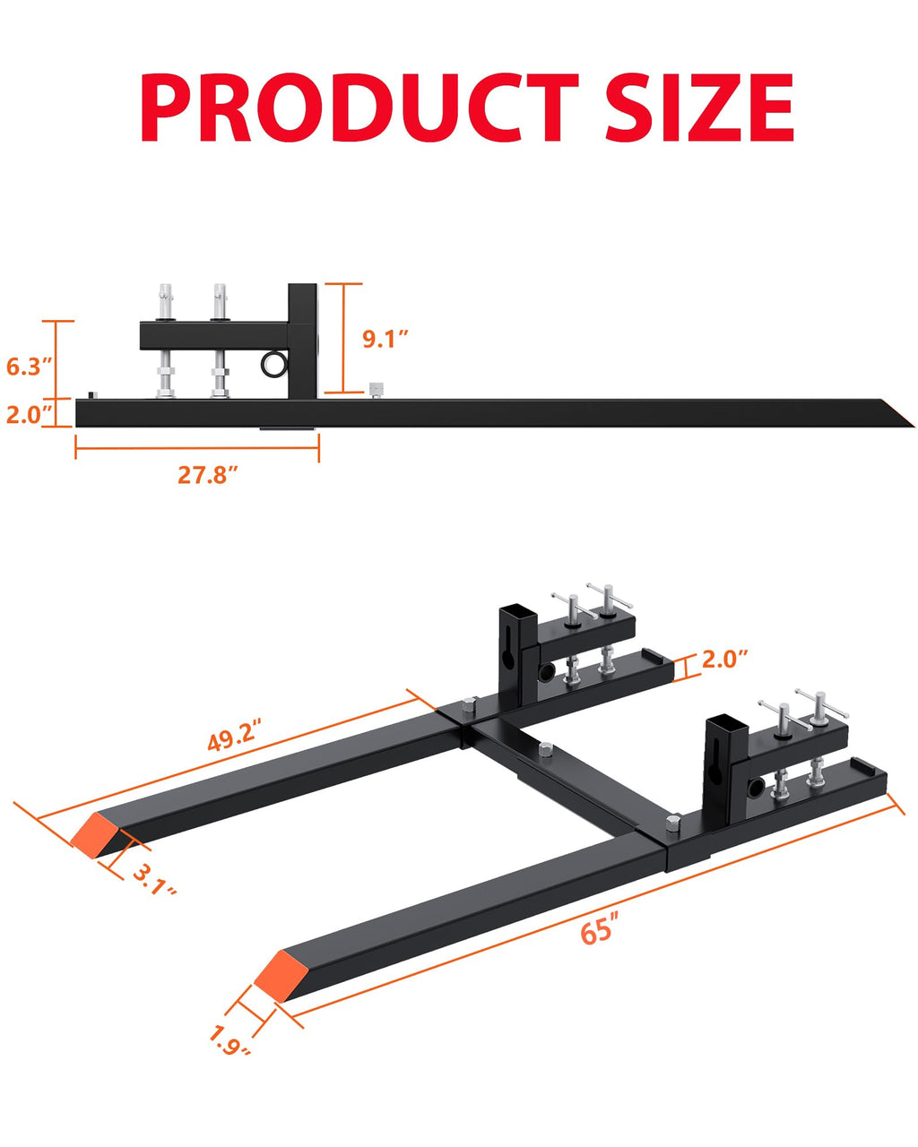 Garvee 65” 6000lbs Clamp on Pallet Forks, Heavy Duty Clamp on Pallet Forks with Adjustable Stabilizer Bar, Quick Attach Tractor Forks for Tractor Bucket, Skid steer, Loader Bucket