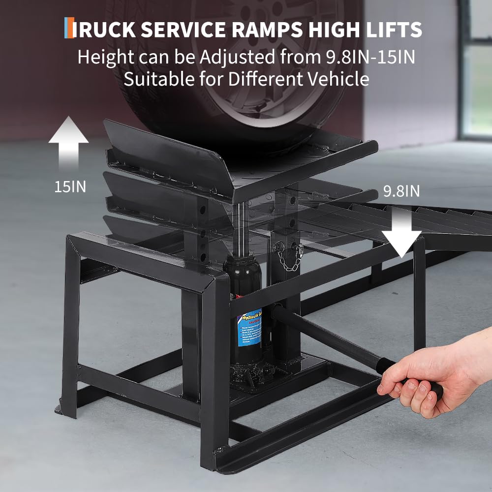 Garvee 2pcs 5 Ton Hydraulic Car and Truck Service Ramps - 11023lbs Capacity, Portable Lifts for Oil Changes with Adjustable Height from 9.8" to 15", Ideal for Home Garage and Vehicle Repairs, Black