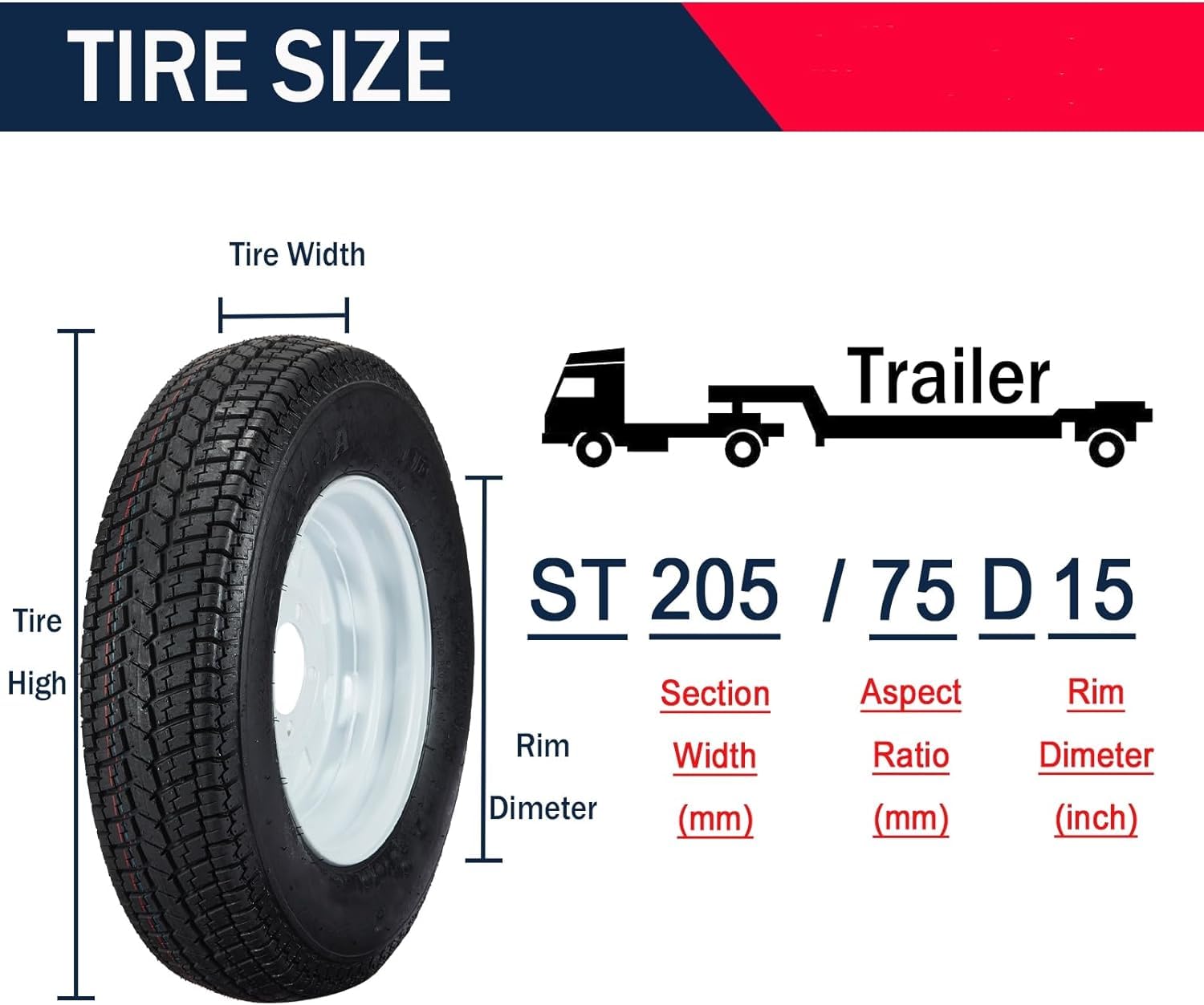 Garvee ST205/75D15 Trailer Tires (2 Pack), 6PR Load Range C, 5 Lug 4.5", 15" Rim, Fuel-saving Bias Ply, Max Load 1820 LBS for Travel, Cargo, Boat, Utility Trailers