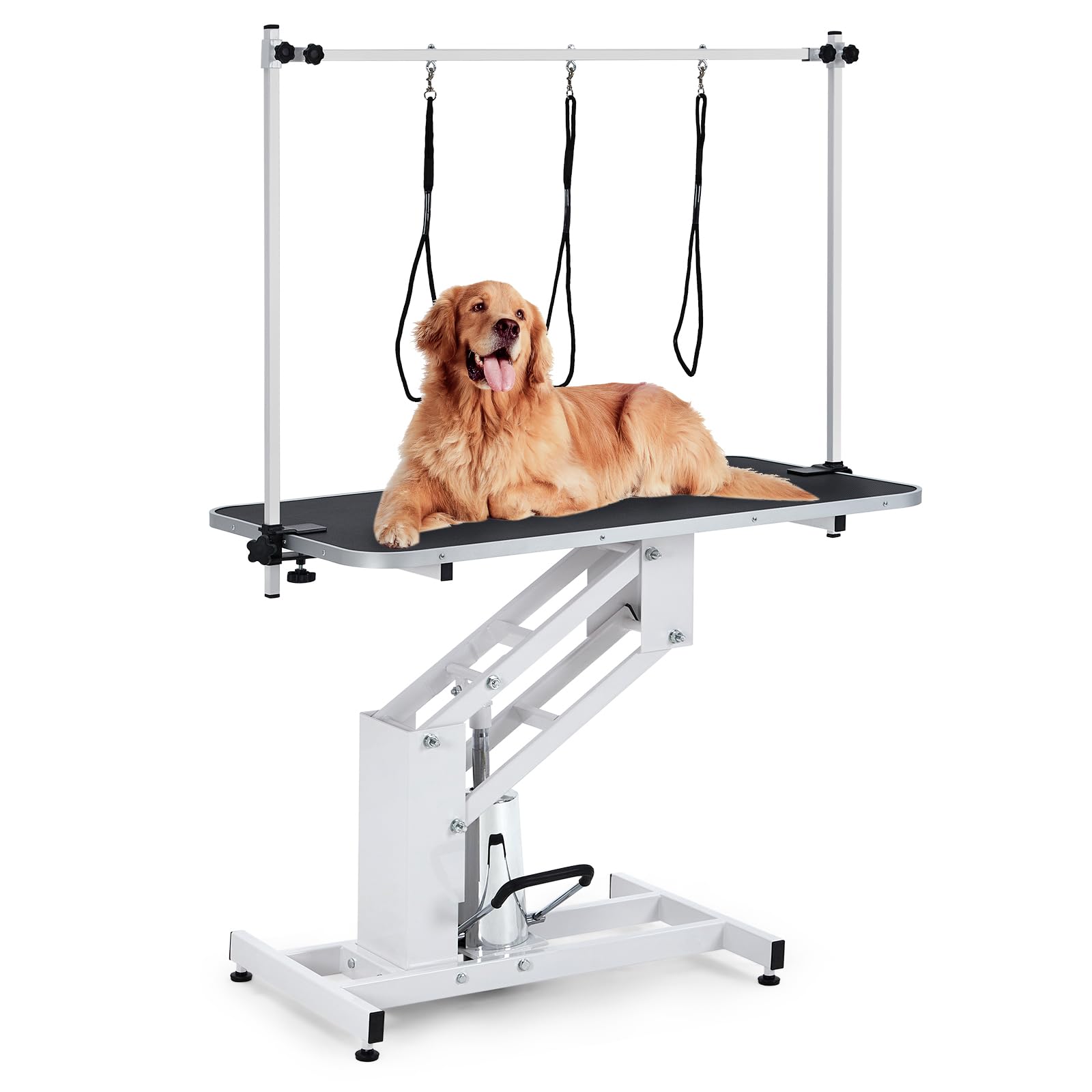 Garvee 43.3 in Hydraulic Pet Grooming Table, Professional Hydraulic Grooming Table w/Max 350 LBS Loading Capacity, 3 Adjustable Nooses, Noose & Non-Slip Top, White
