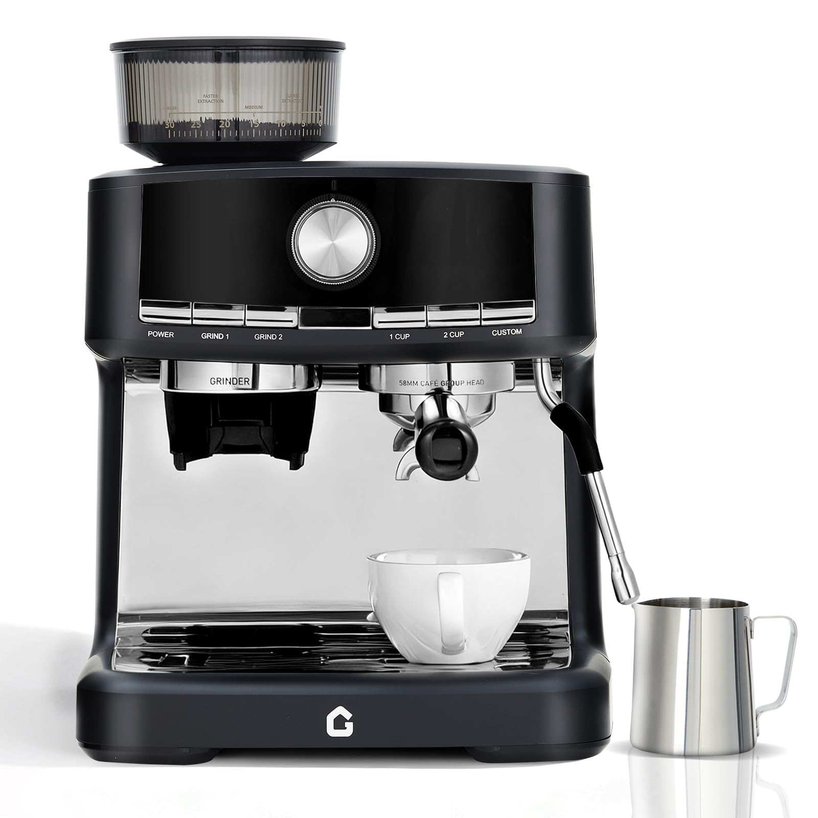 Garvee 20 Bar Pressure Espresso Machine with Grinder, Milk Frother for Home/Office, 1.5L Removable Tank, Adjustable Shot Volume, Silver