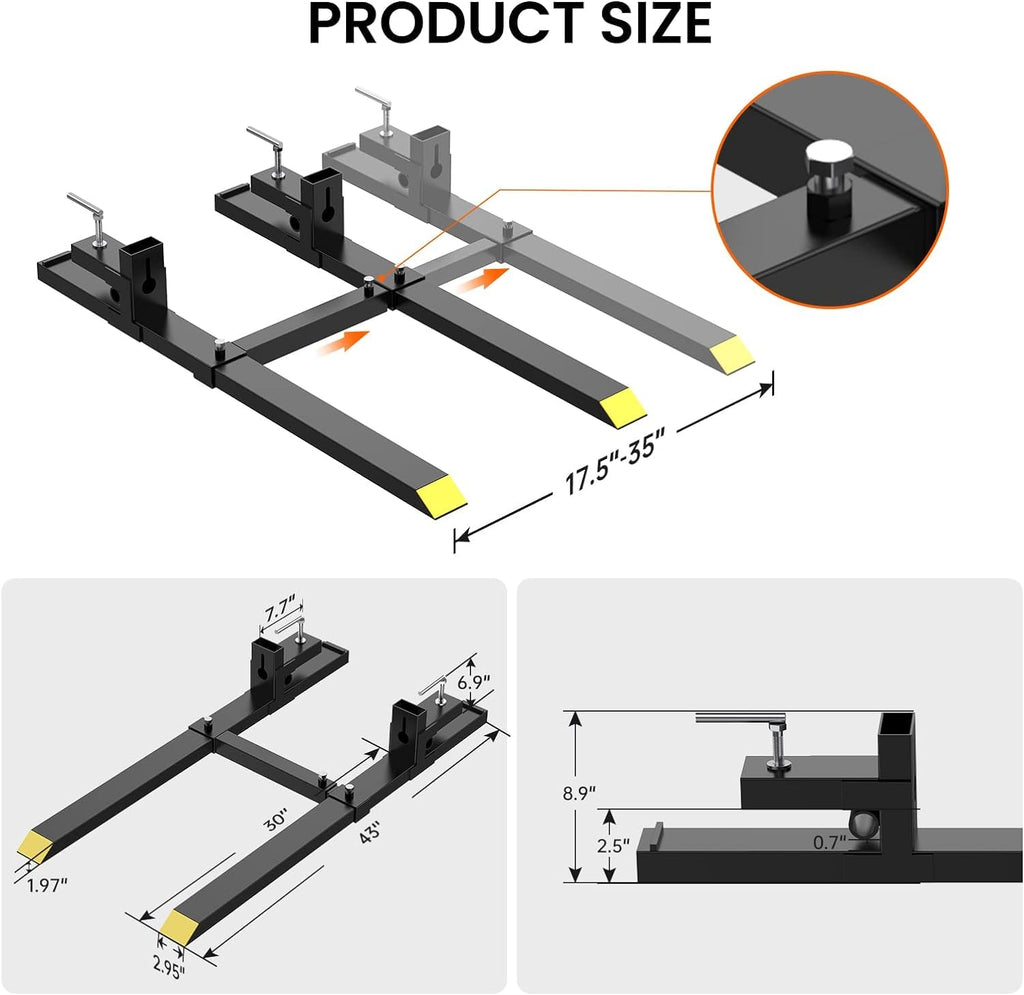Garvee 43" 1500lbs Clamp on Pallet Forks, Heavy Duty Forks for Tractor Skid Steer Loader Bucket, Heavy Duty Quick Attach Forks with Adjustable Stabilizer Bar (17.5"-35")