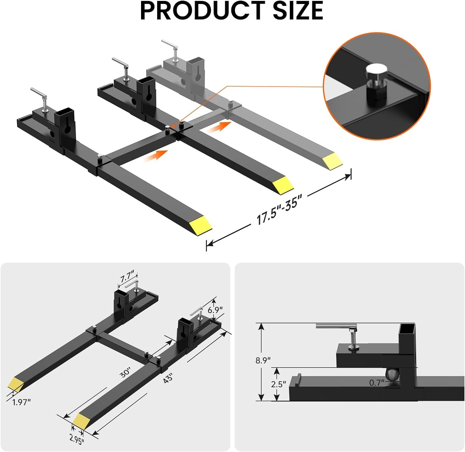 Garvee 43" 1500lbs Clamp on Pallet Forks, Heavy Duty Forks for Tractor Skid Steer Loader Bucket, Heavy Duty Quick Attach Forks with Adjustable Stabilizer Bar (17.5"-35")