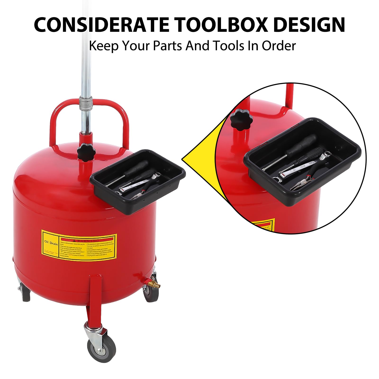 Garvee 8 Gallon Oil Drain Tank, Portable Oil Drain Container, Air Operated Drainer, Fluid Fuel Transfer Drainage, Adjustable Funnel Height with Wheel &15'' Premium Bowl and a Toolbox, Red