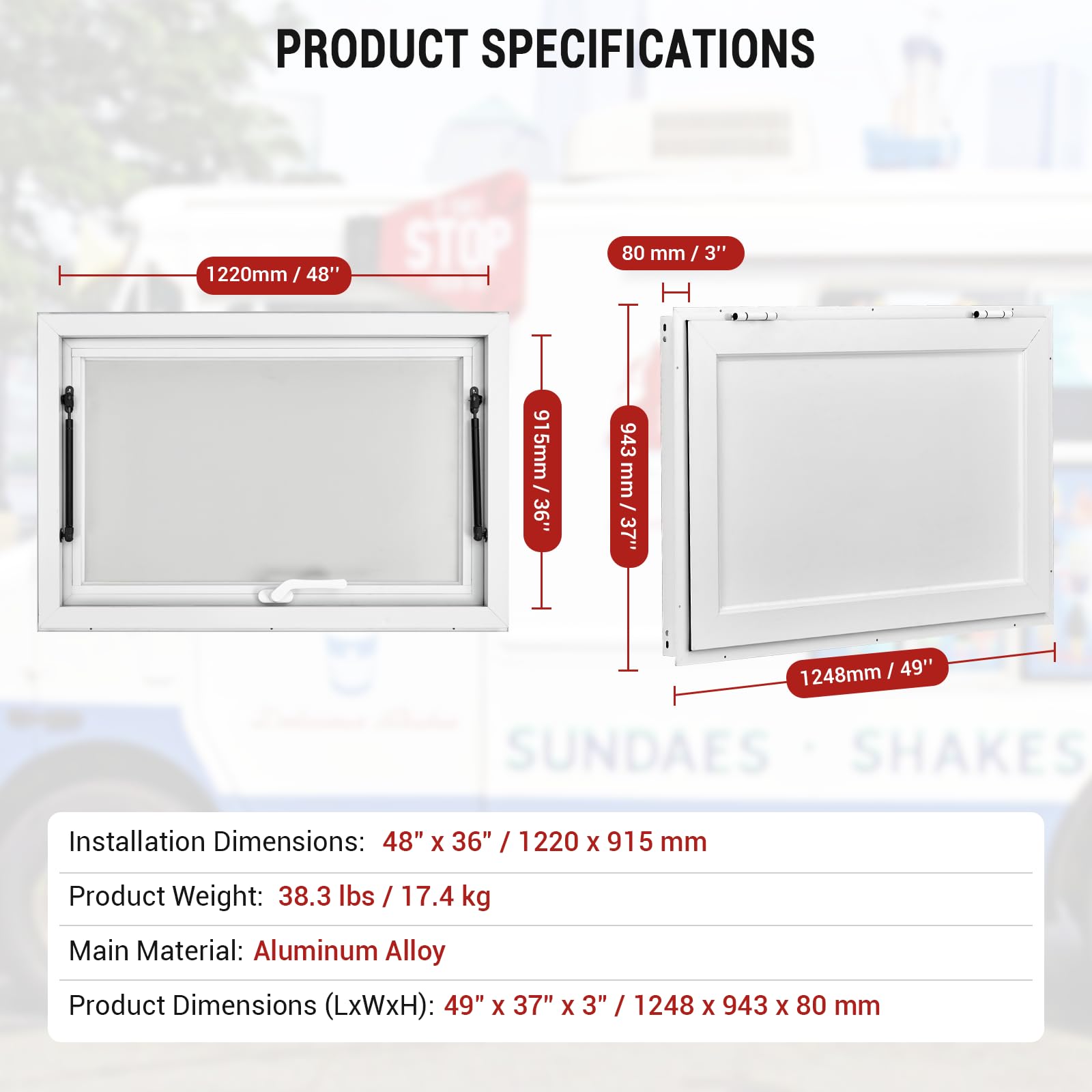 Garvee 48" x 36" Aluminum Alloy Concession Window With Awning Door & Drag Hook For Food Trucks And Trailers, Up To 85° Stand, Glass Not Included