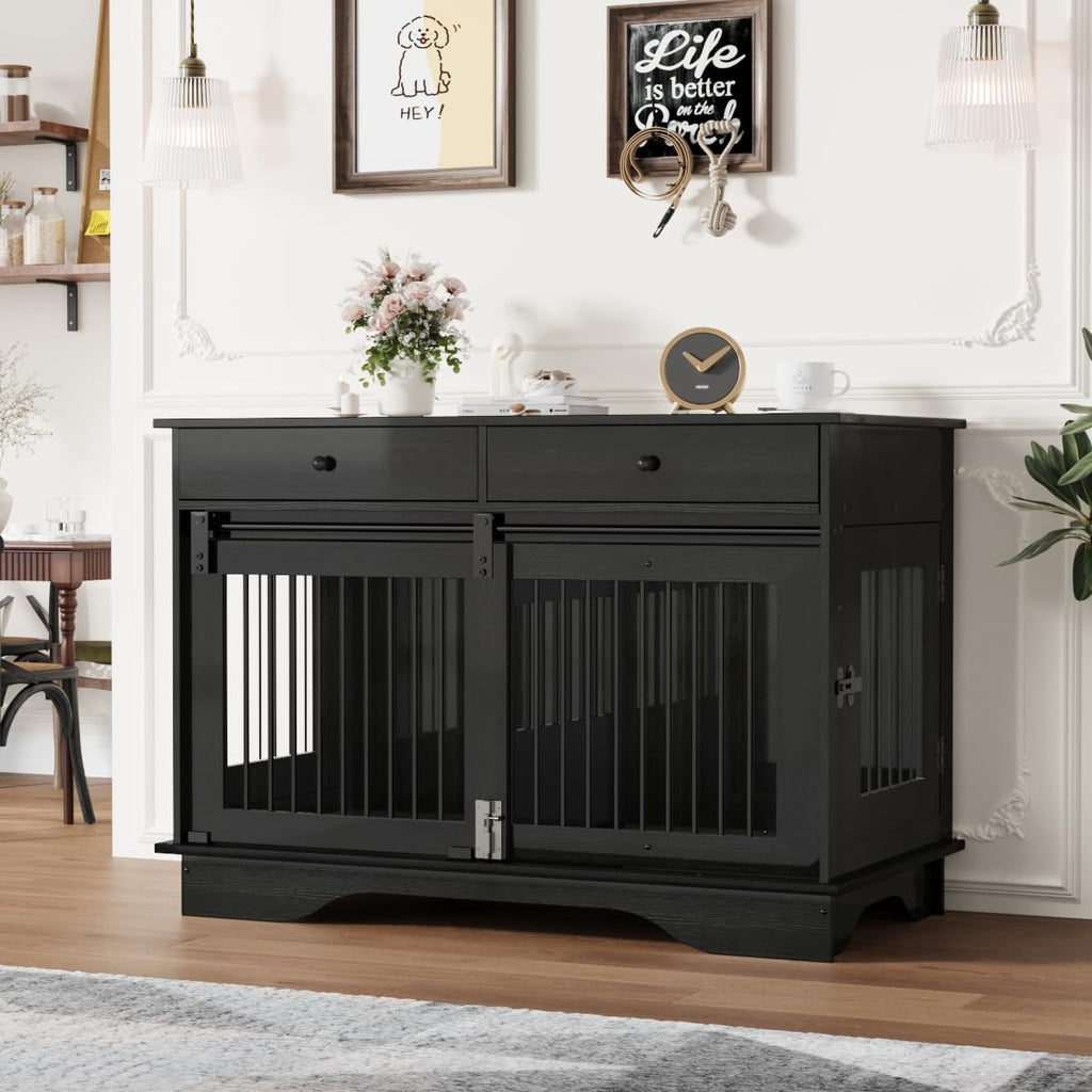 Garvee Dog Crate Furniture for 2 Dogs, 47" Double Dog Kennel with Removable Divider and 2 Drawers, Triple Doors, Decorative TV Stand Side Table, Indoor Pet Cage for Large/Medium/Small Dogs, Black