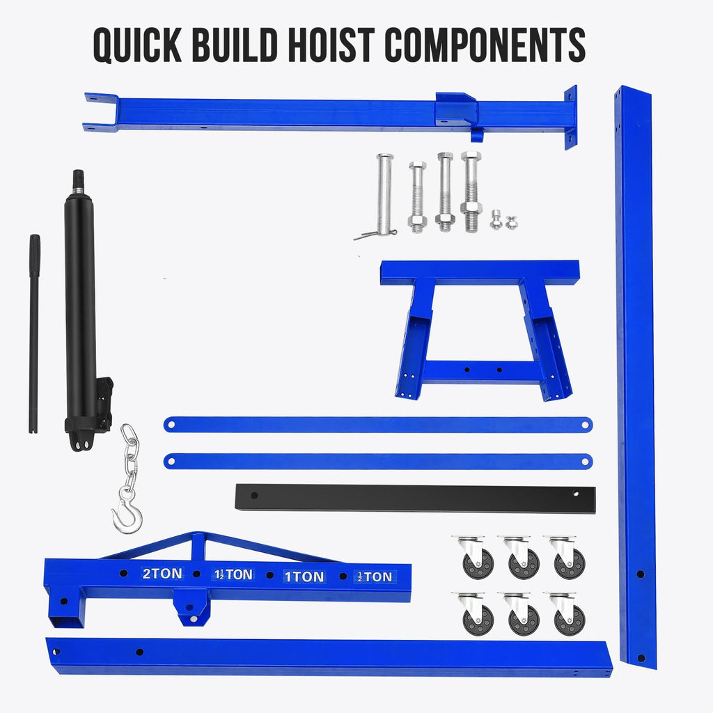 Garvee Engine Hoist Cherry Picker 2 Ton Hydraulic Shop Crane Blue, Collapsible Frame, 360° Swivel Casters, Adjustable Boom, Heavy-Duty Lifting