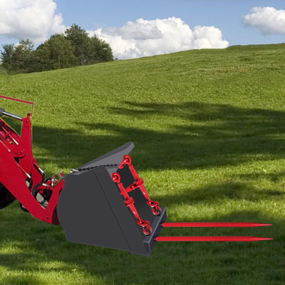 Garvee Dual Prong 43" Hay Bale Spear Attachment, 3000 LB Capacity, Front Skid Steer Tractor Loader Bucket Attachment Conus 2 Tines, Chains and Ratchet Binders Included