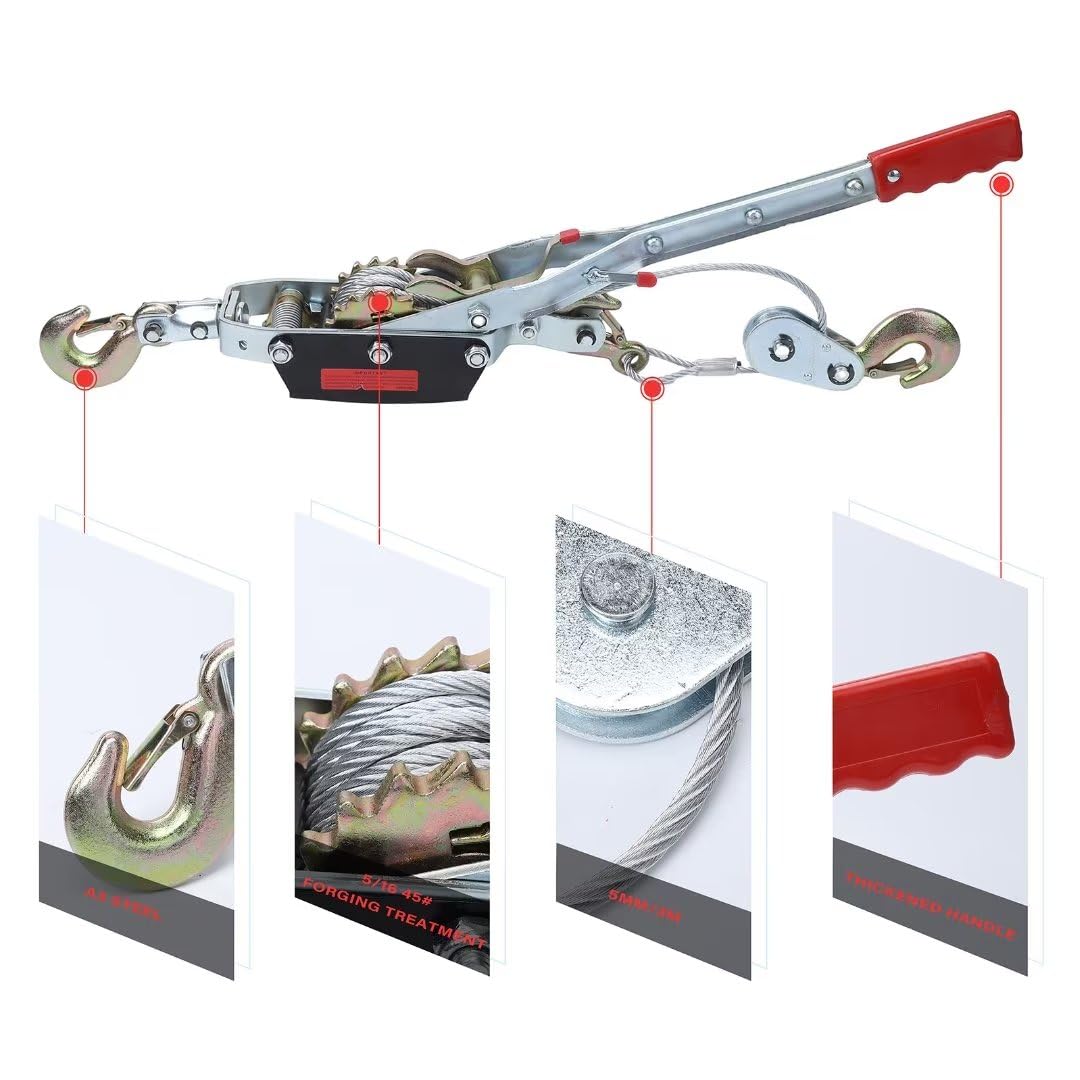 Garvee 2 Ton Power Puller Winch, Dual Hooks, 4,400 lb Cap - Silver / 5 Ton