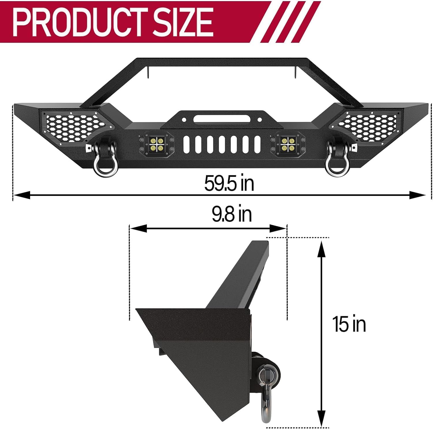 Garvee Front Bumper Compatible with Wrangler TJ 1997-2006, Full Width Off-Road Rock Crawler Bumper with 2 LED Lights, Heavy Duty Steel, Black