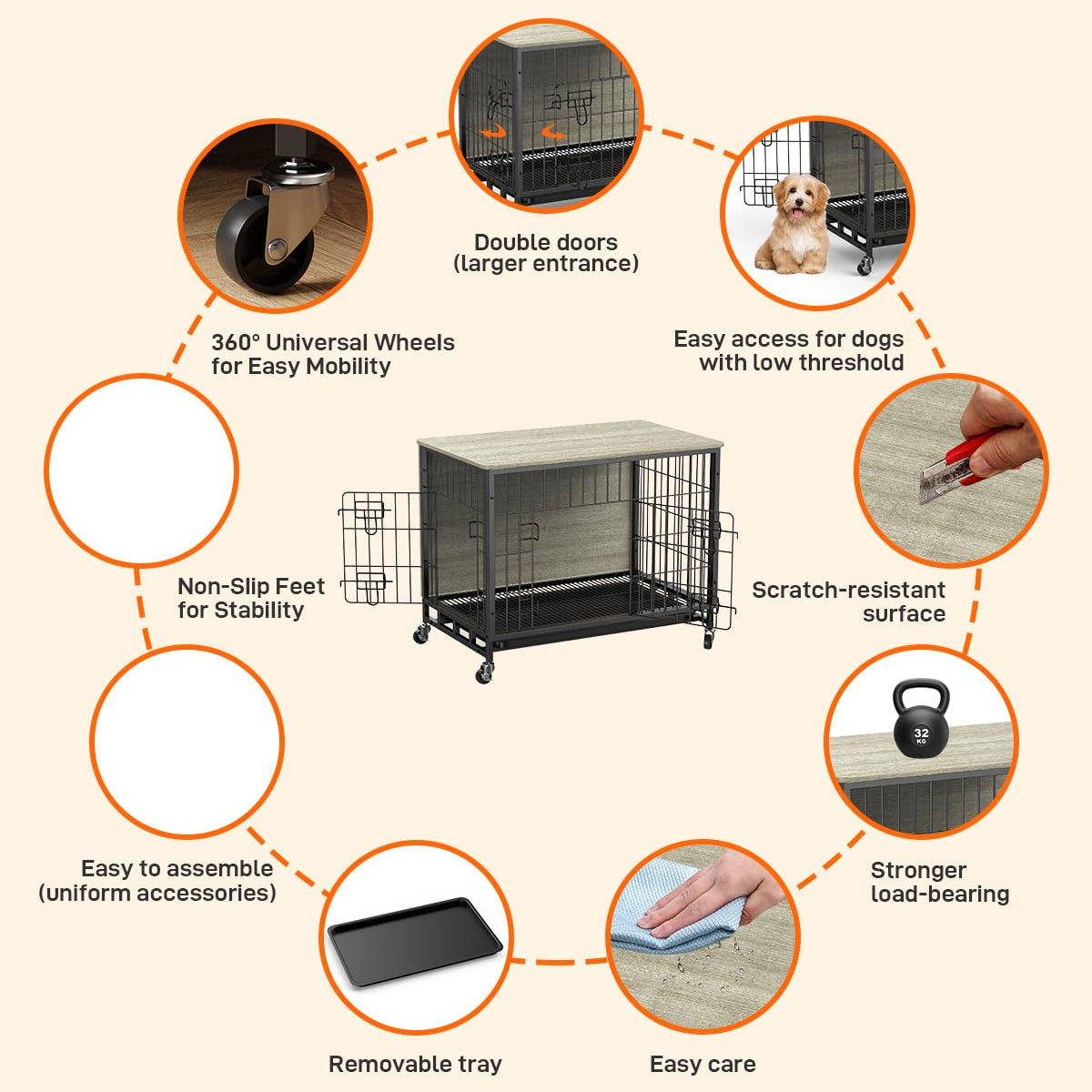Garvee Dog Crate Furniture, 32.5" Wooden Dog Kennel Furniture Style Dog Crate with Removable Tray and Wheels, Heavy-Duty Double-Doors Dog Cage End Table, Indoor Dog House for Large Dogs, Grey