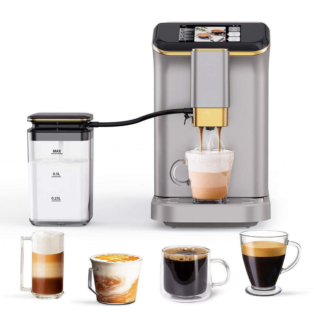 Garvee Automatic Espresso Machine, Coffee Machine with Grinder, Espresso Maker with Automatic Milk Frother, 20 Bar Latte Machine, TFT Touch Screen for Cappuccino, Americano(Silver+Gold)