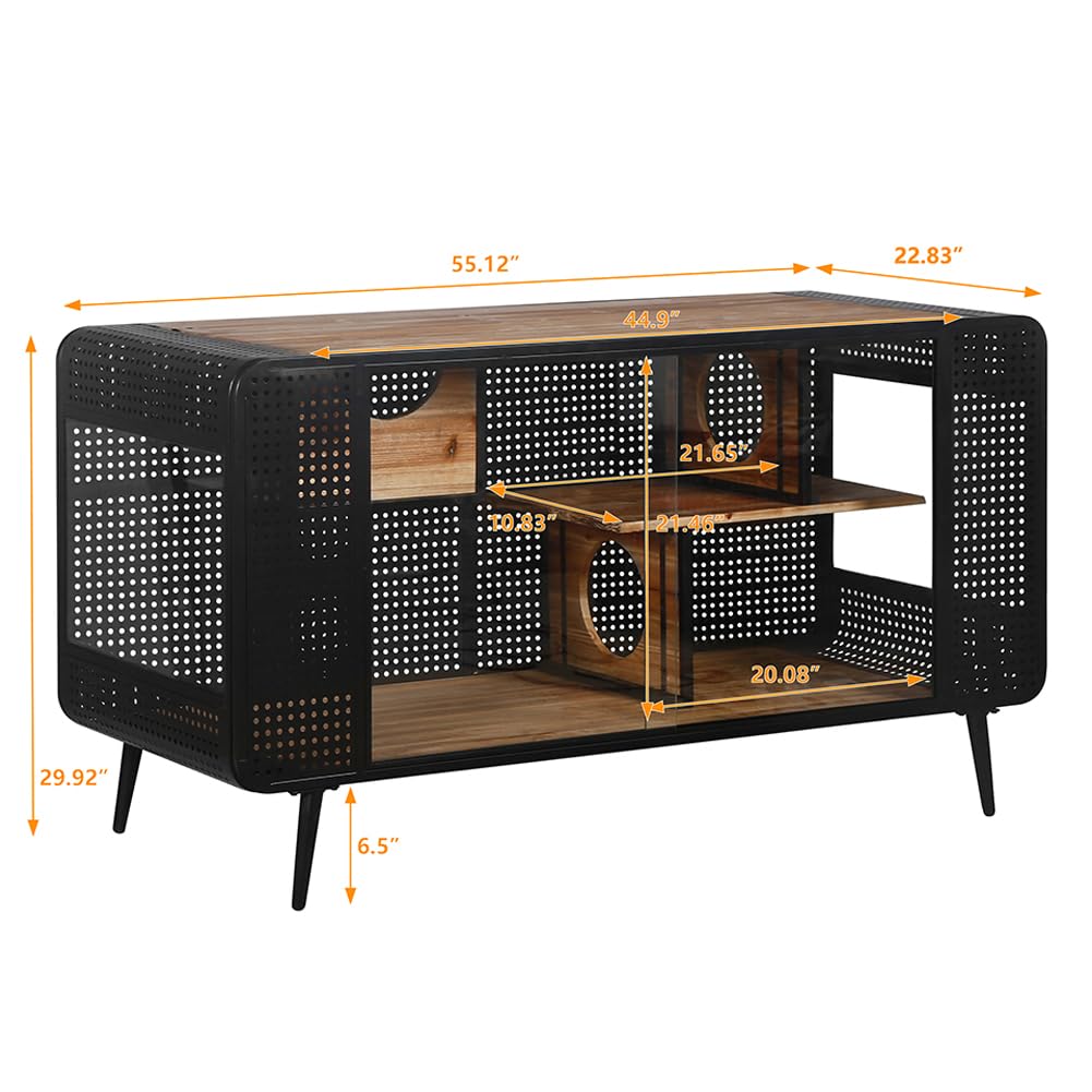 Garvee 55.12" Cat House with 2 Sliding Tempered Glass Doors, Metal Spacious Pet Kennel for Living Room, Black, One Size