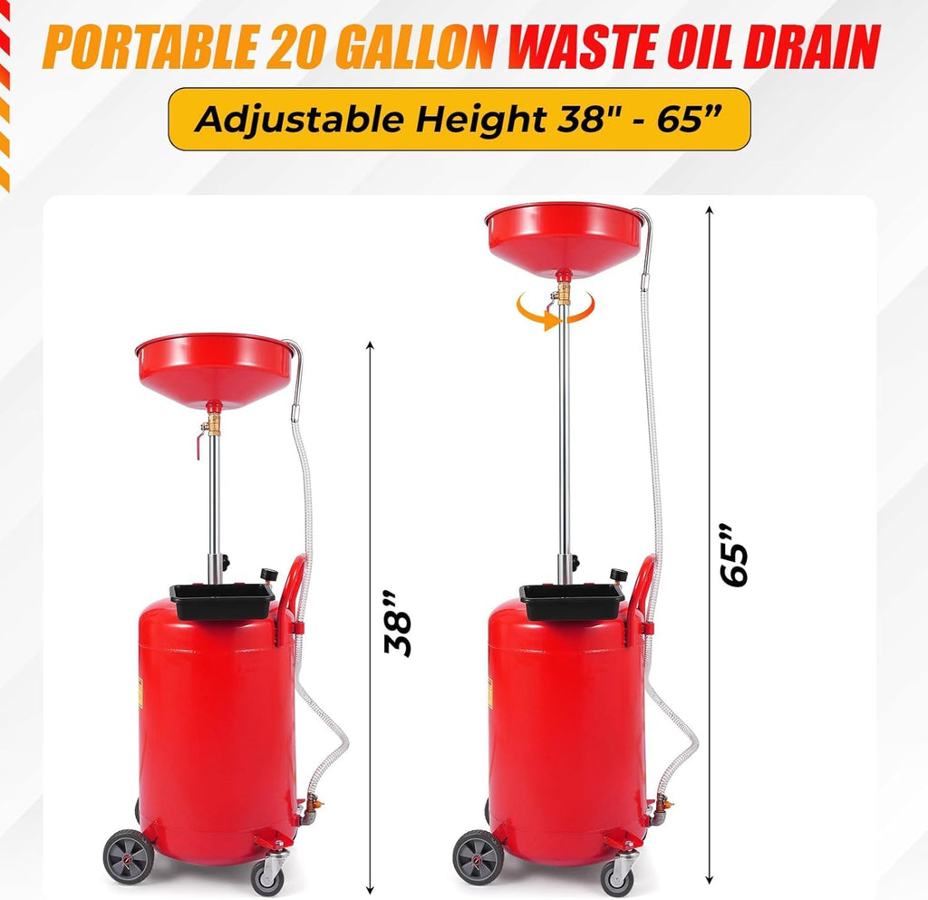 Garvee 20 Gallon Oil Drain Tank with Adjustable Funnel, Portable Air-Operated Container, Rust-Proof, Wheels & Toolbox, Red