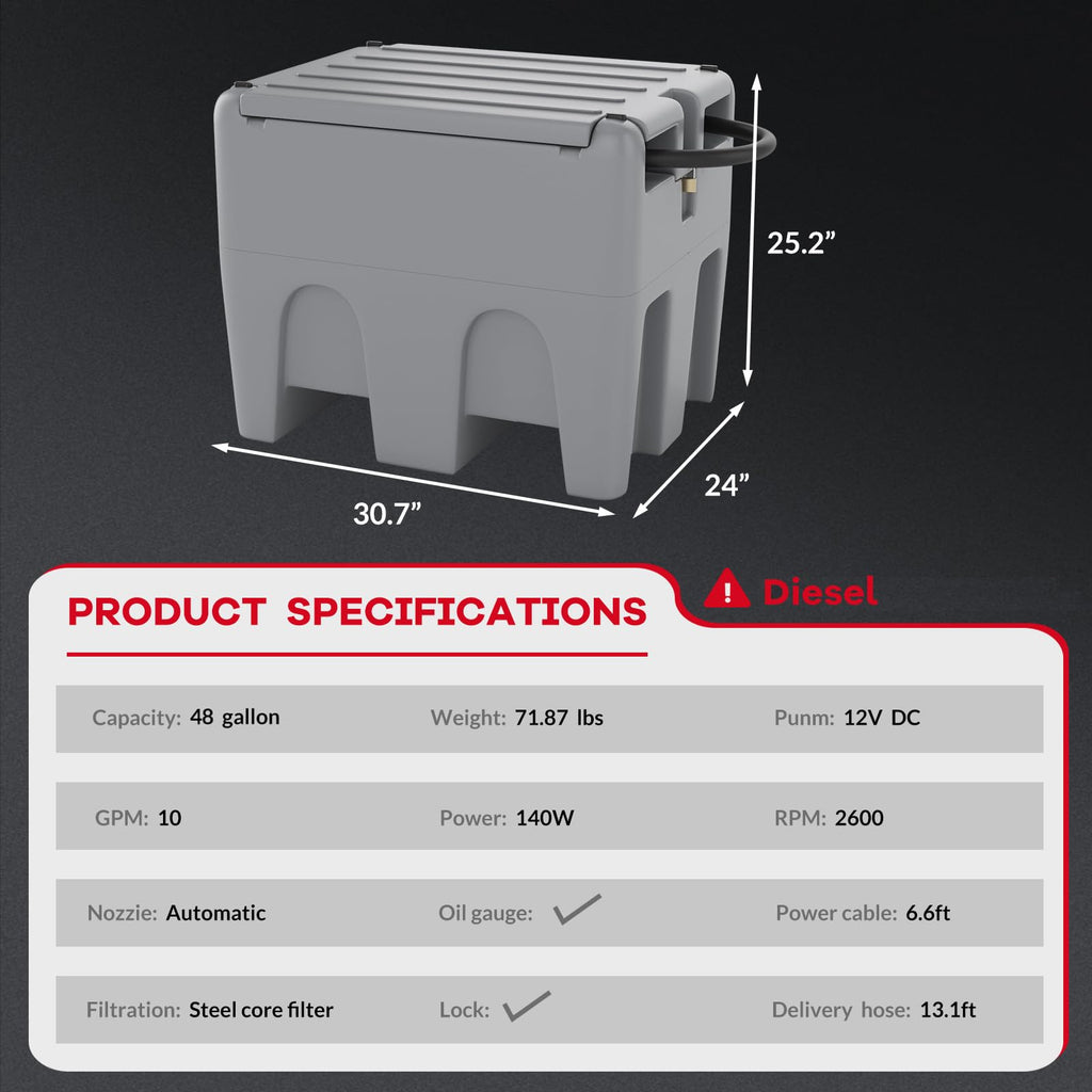 Garvee 48 Gallon Portable Diesel Fuel Tank with 12V Electric Transfer Pump, High Flow Rate 10 GPM, Gray for Agriculture, Construction, Industrial Use