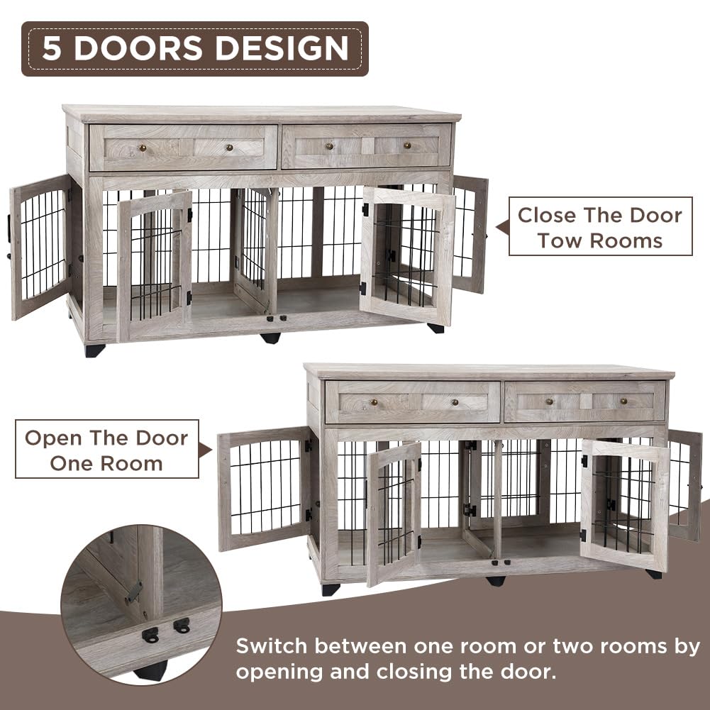 Garvee Dog Crate Furniture with Drawer, 5 Doors Wooden Dog Kennel End Table with Large Capacity Drawers,Dog House with Openable Divider for Small/Medium/Large Dog,Dog Cage,Side End Table Grey