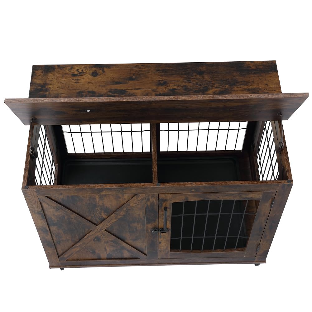 Garvee Furniture Dog Crate End Table, 39" Wooden Dog Kennels with 4 Doors,Sliding Barn Door with Divider, Dog House Indoor with Wheels
