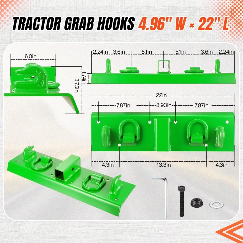 Garvee Heavy Duty Bolt-On Tractor Bucket Grab Hooks with Built-in 2-Inch Receiver and Forged D-Rings – 4,700 lbs Capacity Towing Attachment for John Deere Compact Tractors (22" L x 4.96" W, Green)