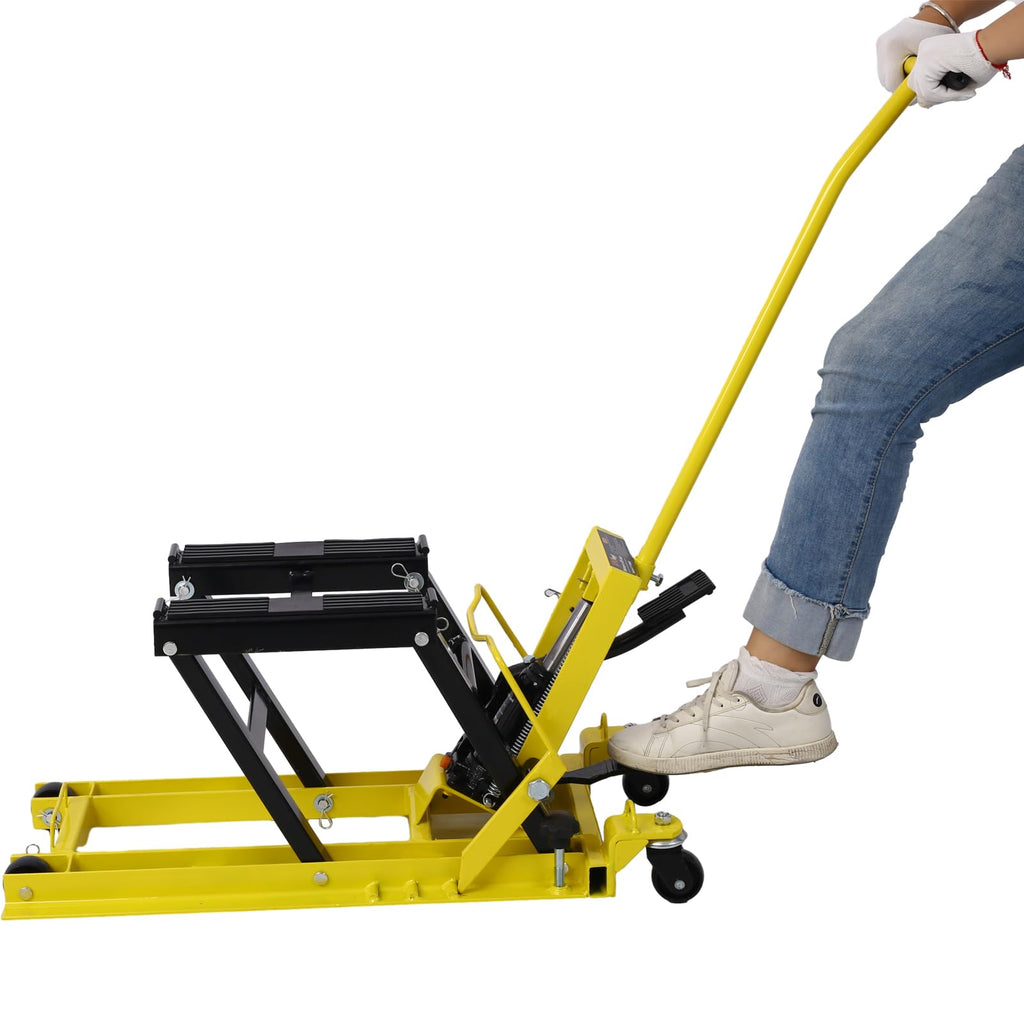 Garvee Hydraulic Motorcycle Jack Lift 1500 LBS Capacity Portable Yellow Motorcycle Dolly with Straps for Bike ATV Dirt Bikes
