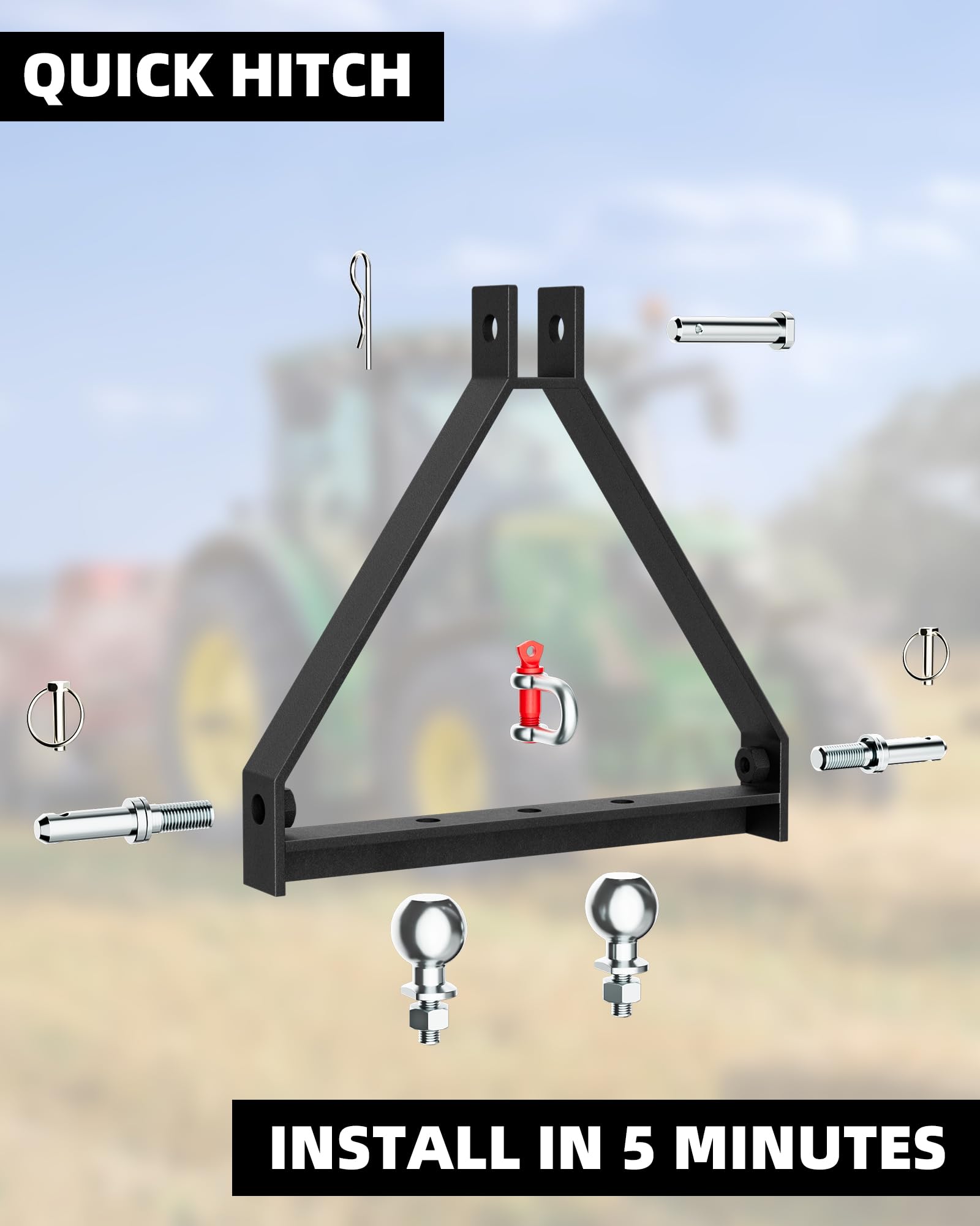 Garvee 3 Point Hitch Receiver with 2 Trailer Hitch Balls for Category 1, Compatible with Kubota, BX, LM25H, WLM Tractor, NorTrac, Yanmar, Kioti, Cat, John Deere